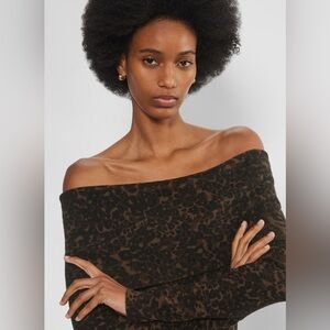 Aritzia Wilfred Nola Soft Ribbed Knit Off The Shoulder Leopard Print Sweater NWT